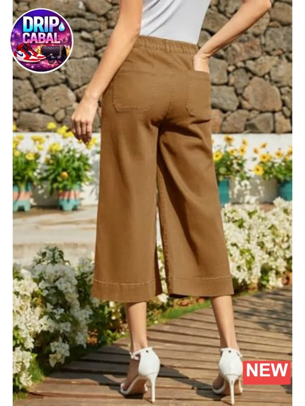 Women's Wide Leg Capri Pants Stretchy High Rise Chino Cropped
